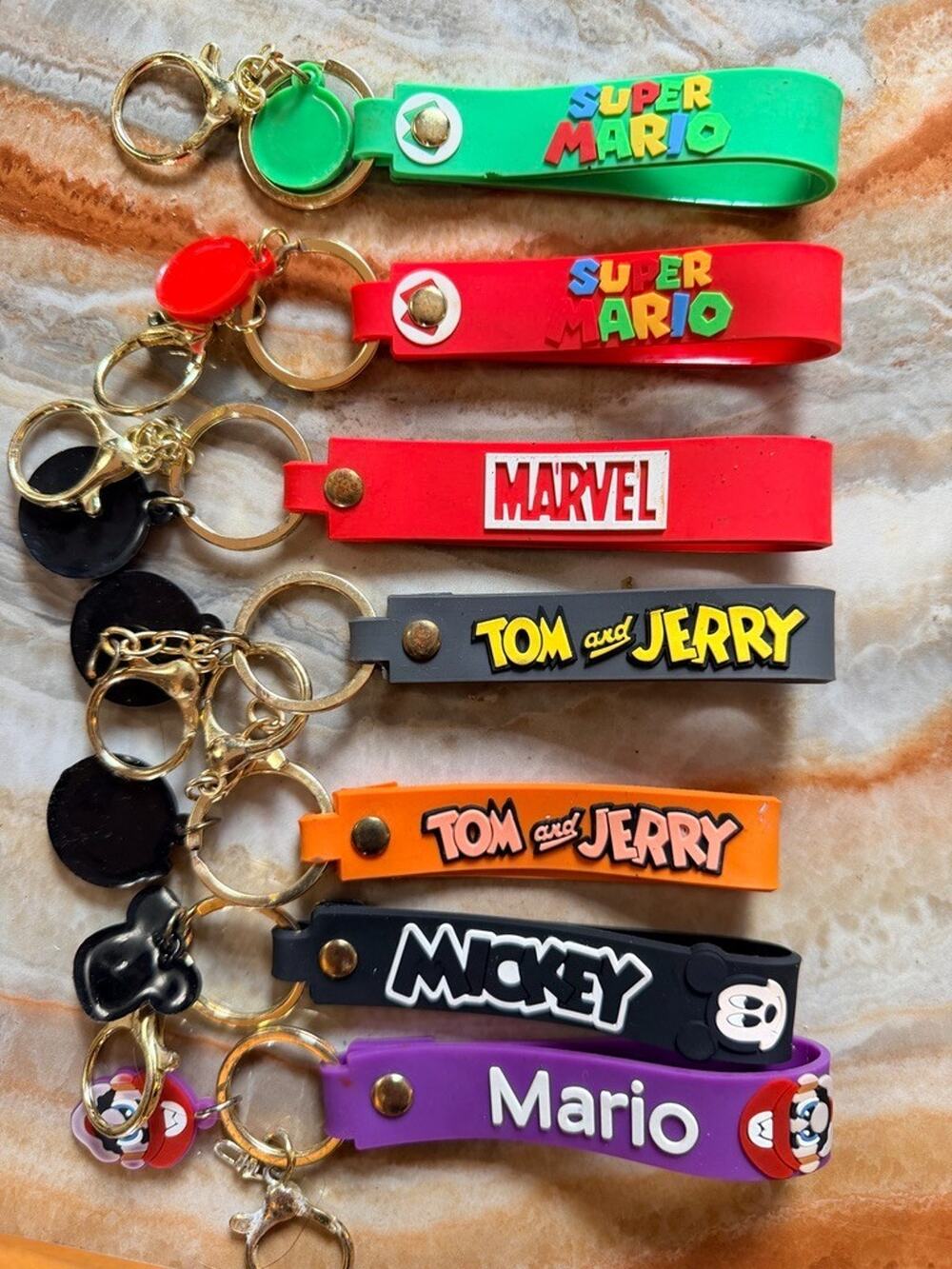 7-Piece Character Silicone Wrist Strap Keychain Lot Super Mario Marvel Mickey To